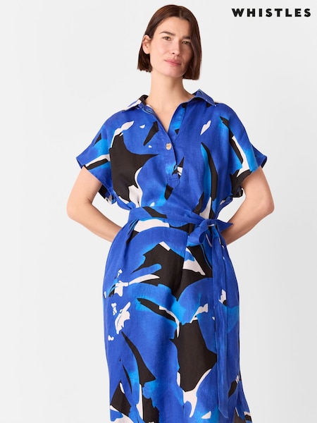 Whistles Blue Abstract Blooms 100% Linen Dress (W49509) | €213