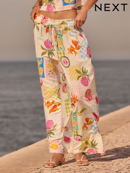 Azul/branco - Wide Leg Pull On Trousers with Linen (W49554) | R$ 315