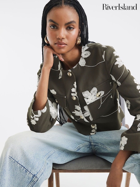 River Island Green Embroidered Collarless Jacket (W49575) | €75