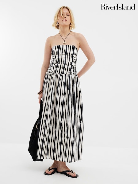 River Island Black/white Pleat Bodice Bandeau Midi Stripe 100% Cotton Dress (W49576) | €60