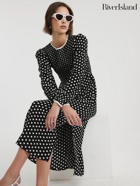 River Island Shirred Polka Dot Midi Dress (W49577) | 357 LEI