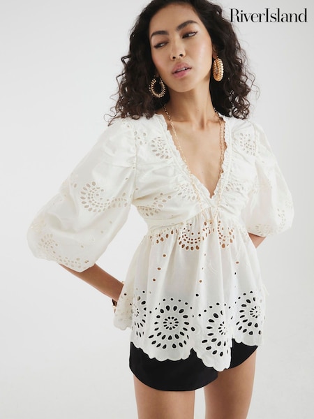 River Island Cream Mid Sleeve Broderie 100% Cotton Blouse (W49578) | €53