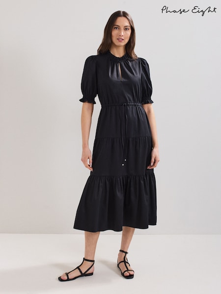 Phase Eight Black Jen 100% Cotton Midi Dress (W49584) | €168