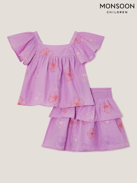 Monsoon Purple Floral Embroidered 100% Cotton Top & Skirt Set (W49620) | 188 QAR - 208 QAR