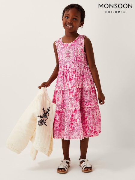 Monsoon Pink Tile Print Sleeveless 100% Cotton Dress (W49626) | ₪171 - ₪196
