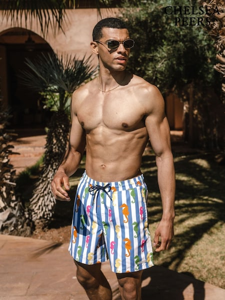 Chelsea Peers Blue Seahorse Stripe Print Swim Shorts (W49675) | €53