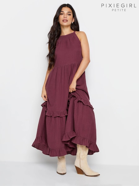 Rot - PixieGirl Petite 100% Cotton Halter Tiered Maxi Dress (W49868) | 26 €