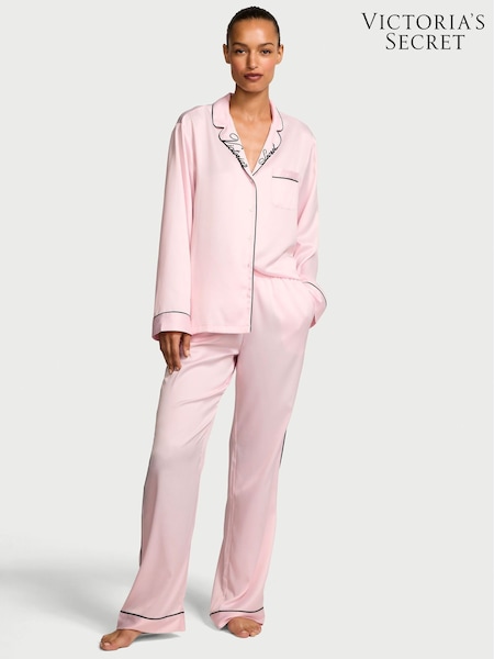 Angel Pink with Embroidery - Victoria's Secret Satin Long Pyjamas Set