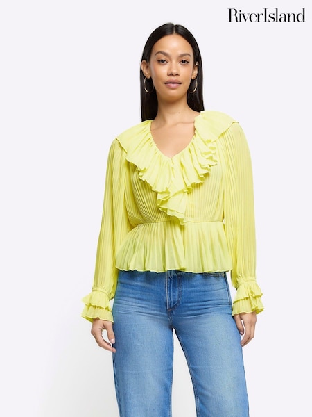 River Island Yellow Long Sleeve Pleated Blouse (W50832) | ₪176