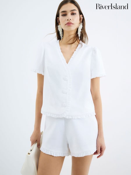 River Island White White Frill Linen Tailored Top (W50833) | ₪196