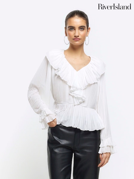 River Island White Long Sleeve Pleated Blouse (W50834) | ₪176