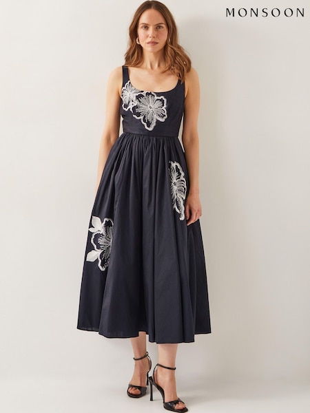 Monsoon Black Sophie Embroidered Fit & Flare Midi Dress (W50836) | €212