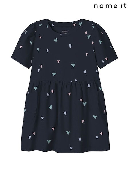 כחול  - Name It Heart Print Cap Sleeve Dress (W50965) | ‏80‏₪