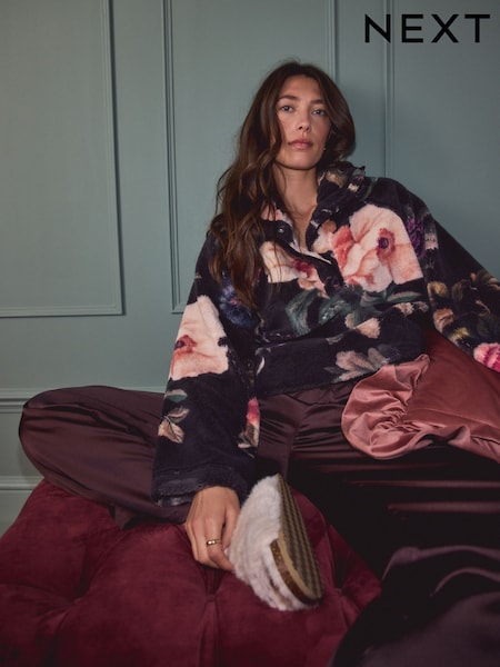 Black Floral Printed Borg Fleece Top (W50994) | €70.50