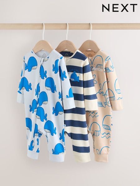 Tricou albastru cu model balenă - Two Way Zip Baby Sleepsuits 3 Pack (0mths-3yrs) (W51011) | 149 LEI - 164 LEI