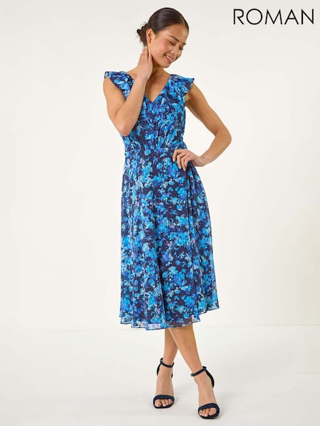 Roman Blue Petite Floral Print Frill Midi Dress (W51027) | € 101