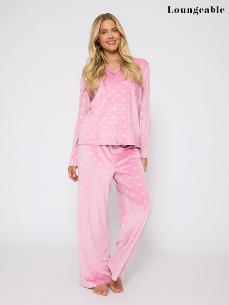 Loungeable Pink Heart Printed Velour Traditional Revere Pyjamas Set (W51070) | €45