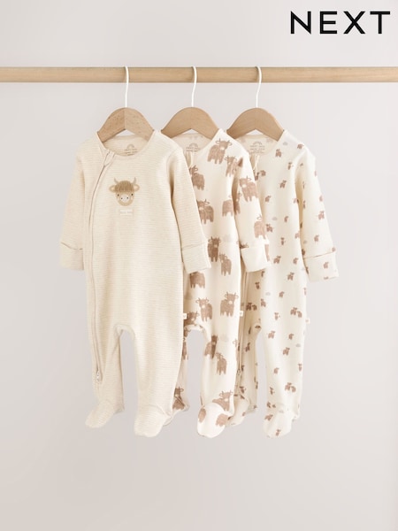 Neutral Hamish Two Way Zip Baby Sleepsuits 3 Pack (0-2yrs) (W51084) | AED112 - AED122