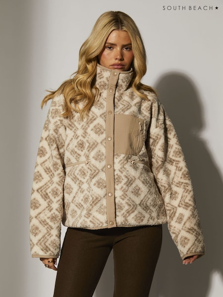 South Beach Cream Printed Borg Popper Fastening Jacket (W51114) | €77