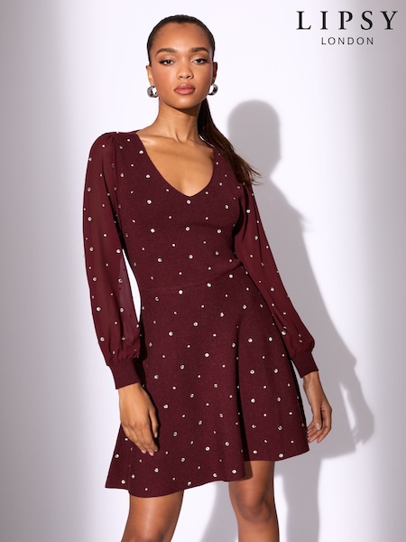 Lipsy Burgundy Red Hotfix Embellished Chiffon Sleeve V-Neck Skater Mini Dress (W51190) | €76