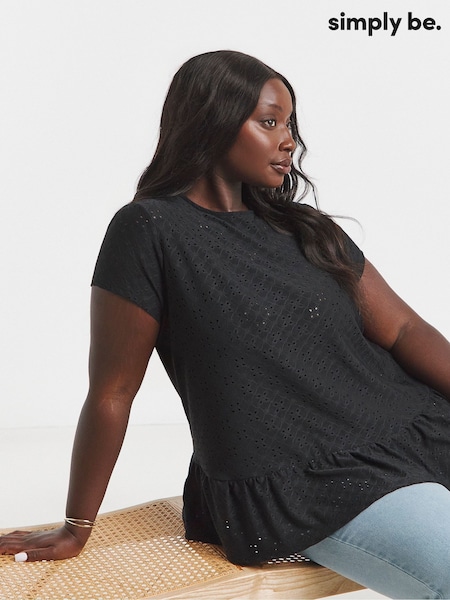 Simply Be Black 100% Cotton Broderie Cap Sleeve Peplum Top (W51424) | €36