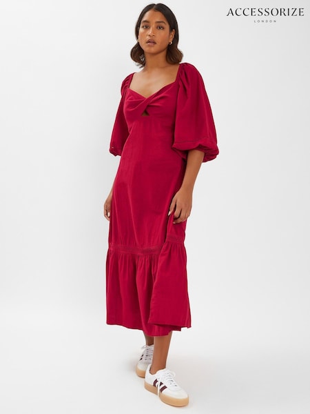 Accessorize Red Twist Puff-Sleeve Midi 100% Cotton Dress (W51438) | €77