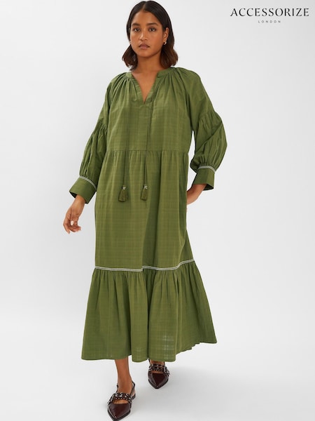 Accessorize Green Long-Sleeve Tiered Maxi 100% Cotton Dress (W51444) | €86