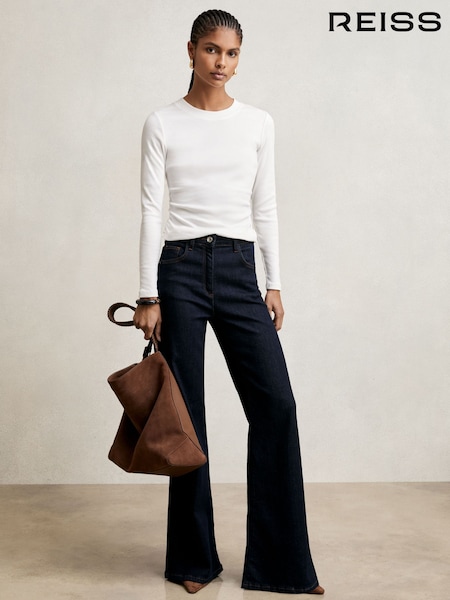 Alb - Reiss Tessa Cotton Long-Sleeve Ruched T-Shirt with Stretch (W51523) | 396 LEI