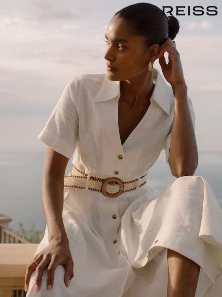 Reiss Ivory Anita Linen Belted Midi Shirt Dress (W51525) | €285