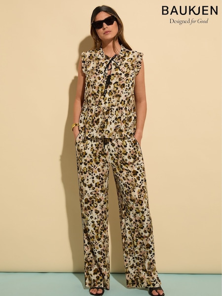 Baukjen Lauren Printed Tencel Wide Leg Brown Trousers (W51602) | AED751