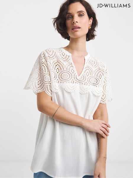 JD Williams White Crinkle Broderie Trim Top (W51605) | €45
