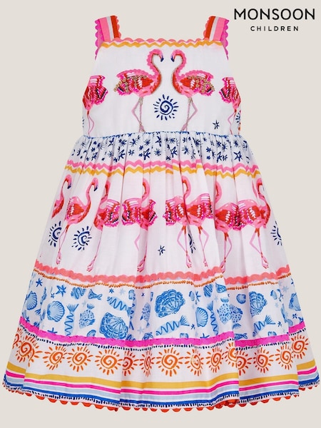 Monsoon White Sequin Embellished Flamingo 100% Cotton Dress (W51628) | ₪181 - ₪206