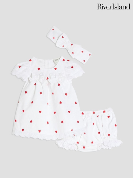 River Island White Baby Girls Heart Print 100% Cotton T-Shirt Dress Set (W51643) | €32
