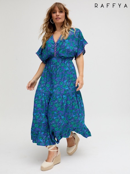 Raffya Blue 100% Cotton Kaftan Style Floral Printed Maxi Dress (W51648) | 5,407 UAH