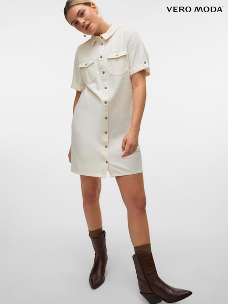 VERO MODA White Short Sleeve Button Down Denim Dress (W51733) | €54
