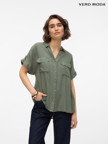 VERO MODA Green Short Sleeve Button Through Open Neck Shirt (W51738) | ₪126