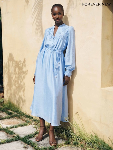 Forever New Blue Yasmin Floral Detail Midi Dress with a touch of Linen (W51999) | €165