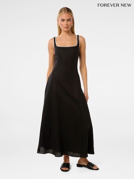 Forever New Black Solene Linen Blend Contrast Whip Stitched Midi Dress (W52021) | €159