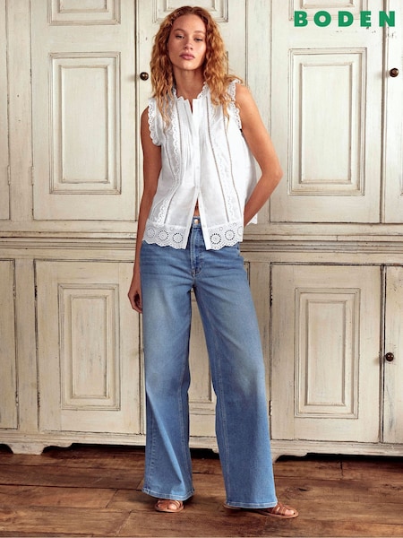 Boden White Sleeveless Broderie 100% Cotton Top (W52063) | €102