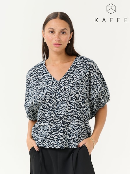 Blue - Kaffe Karuffalo V-neck Short Sleeve Cotton Blouse