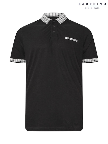 BadRhino Big & Tall Black Jacquard Checked Collar 100% Cotton Polo Shirt (W52270) | AZN 65