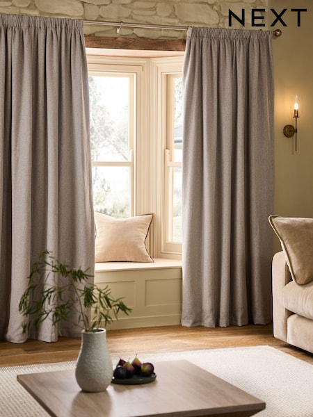 Natural Brushed Herringbone Pencil Pleat Blackout Thermal Curtains (W52273) | €69 - €187
