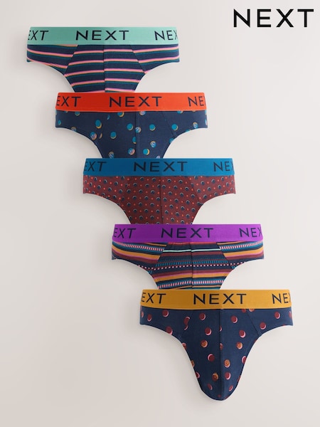 Navy Burgundy Spot Stripe 5 Pack Cotton Rich Briefs (W52360) | AED118