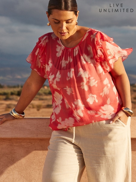 Live Unlimited Pink Curve Floral Print Ruffle Overlay Blouse (W52448) | R$ 680