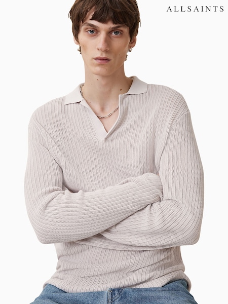 AllSaints Natural Thoma Long Sleeve 100% Organic Cotton Polo Shirt (W52683) | R$ 1.275