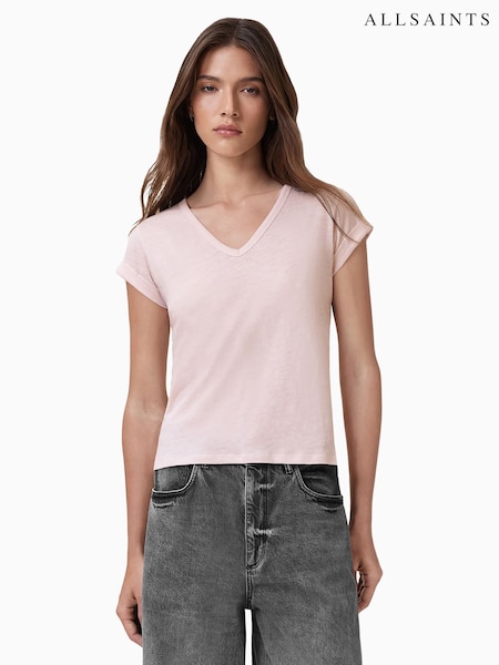 AllSaints Pink Anna V 100% Organic Cotton T-Shirt (W52710) | ₪226
