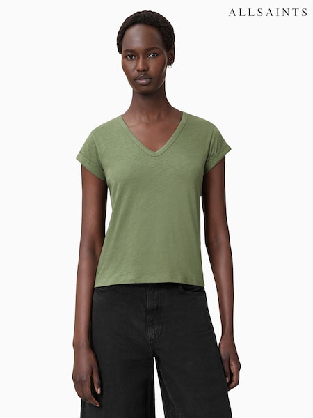 AllSaints Green Anna V 100% Organic Cotton T-Shirt (W52716) | ₪226