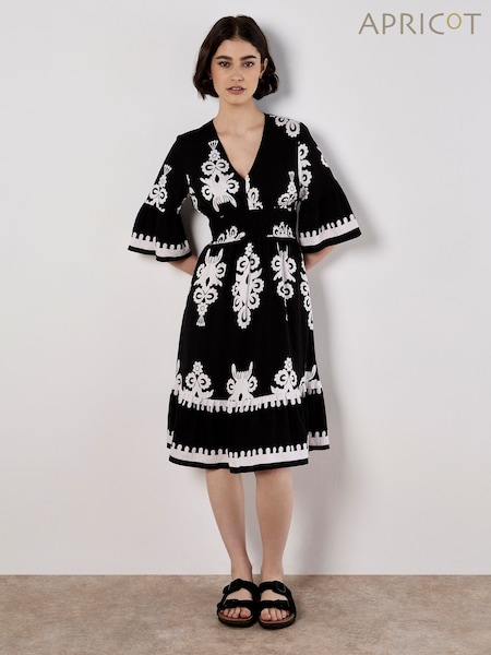 Apricot Black Floral Print Baroque Smock Border Dress (W52728) | €59