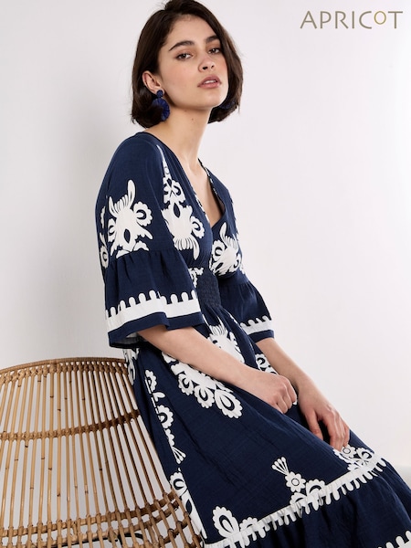 Apricot Blue Floral Print Baroque Smock Border Dress (W52731) | €59