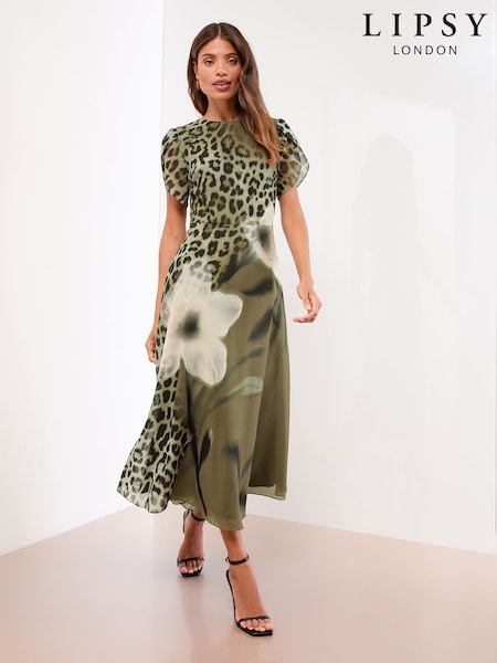 Lipsy Green Animal Fit And Flare Floral Short Sleeve Printed Chiffon Midi Dress (W52785) | €106